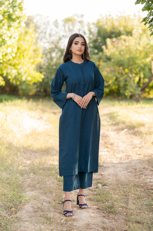 Ocean Elegance Co-ord Set (Zarqa) | Teal Blue Khaddar